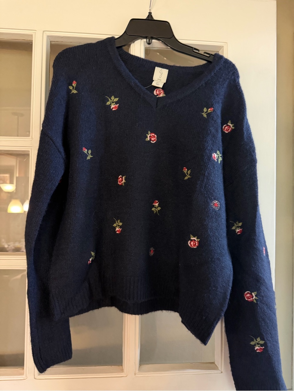 Joie Embroidered Rose V-Neck Sweater - Navy